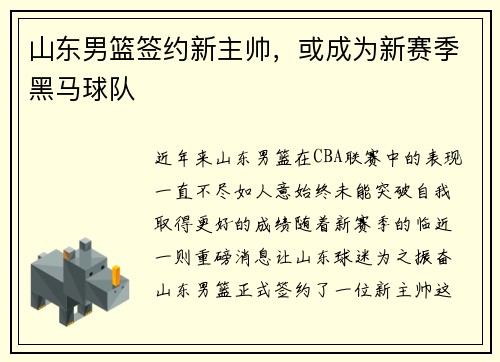 山东男篮签约新主帅，或成为新赛季黑马球队