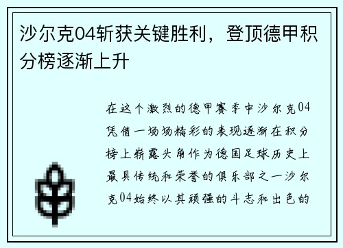 沙尔克04斩获关键胜利，登顶德甲积分榜逐渐上升