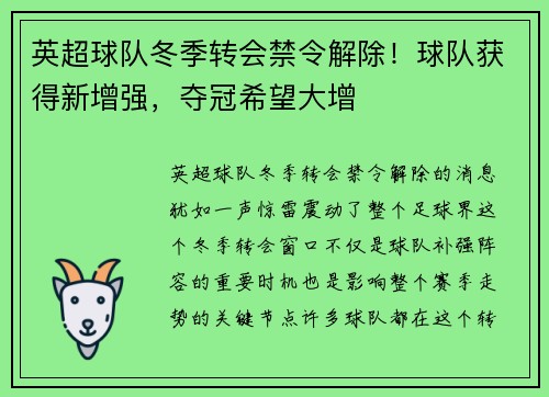 英超球队冬季转会禁令解除！球队获得新增强，夺冠希望大增